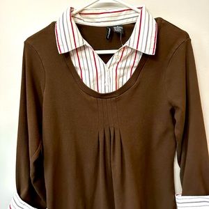 Jason Maxwell Brown with white striped brown and red collared Blouse Size M